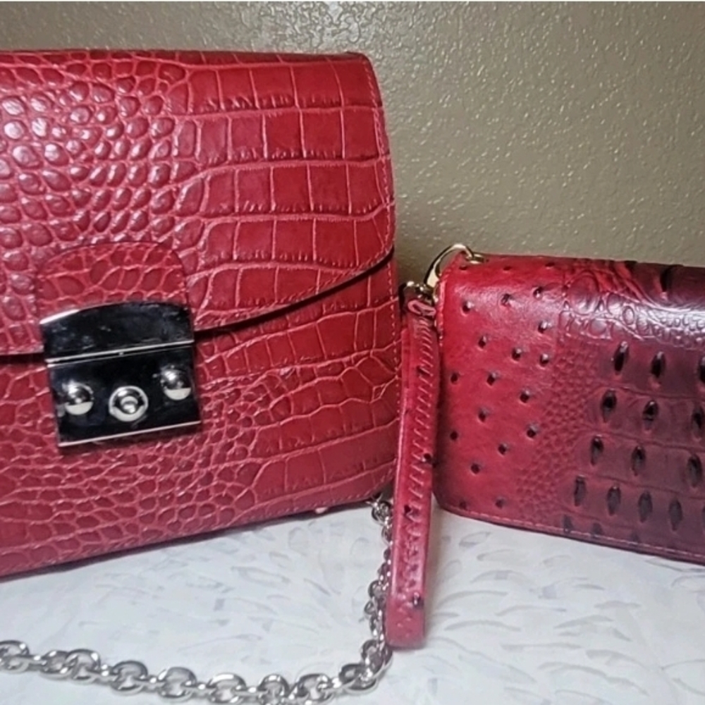 Niquead Italy Red Croc Leather Handbag Wallet Set Crossbody Chain Genuine Red